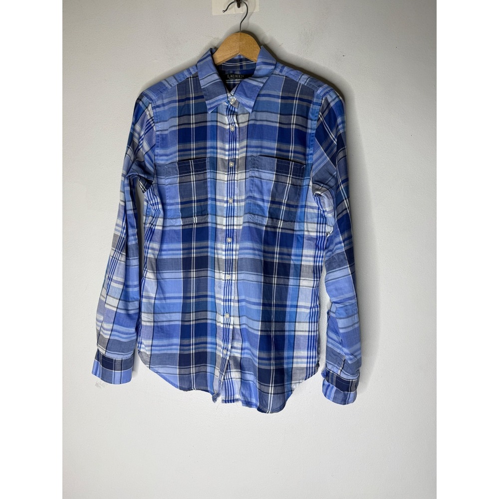 Lauren Ralph Lauren Blue Plaid Cotton Button Down Shirt Womens Medium
